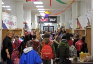 Crowded school hallway